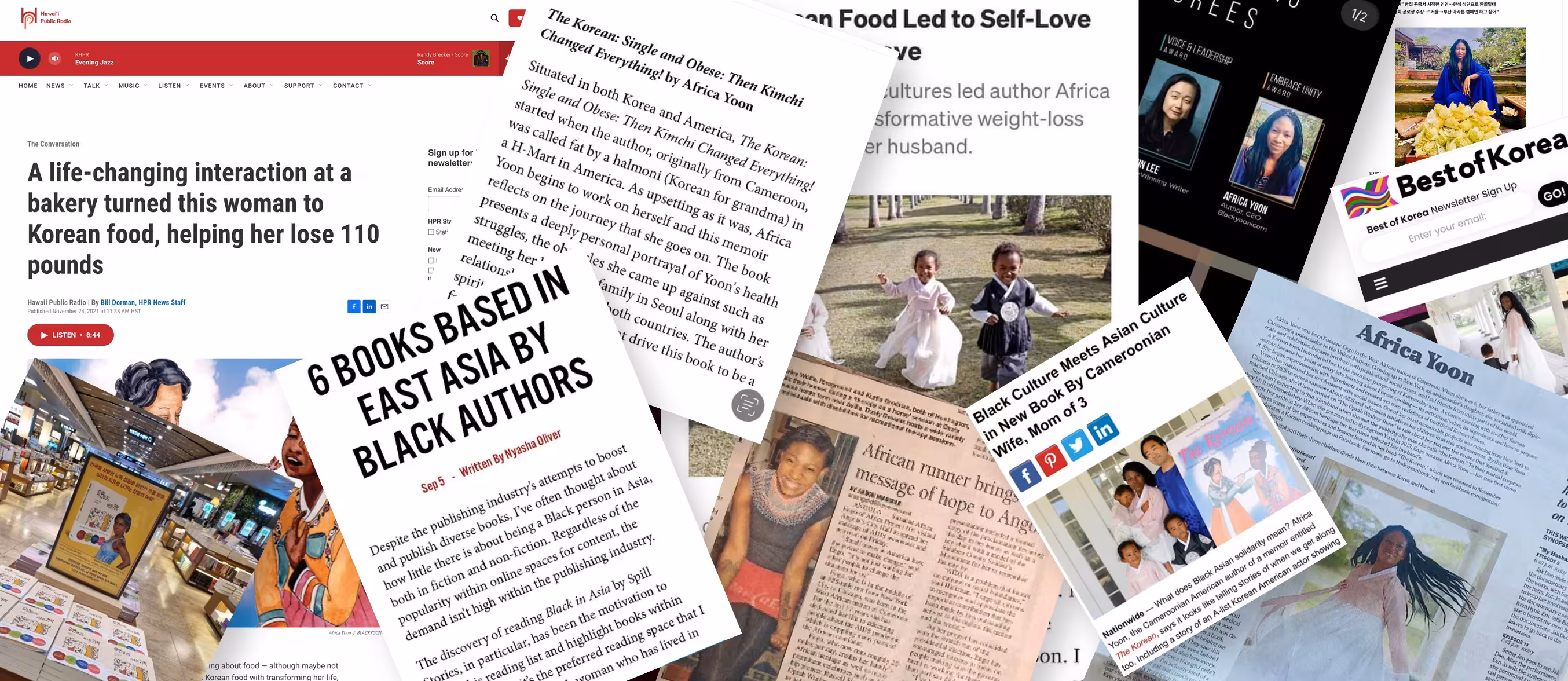 assorted group of photos of Africa Yoon press clippings from newspapers, magazines and web including: '6 Books Based in East Asia by Black Authors' and 'Black Culture Meets Asian Culture in New Book by Cameroonian Wife, Mom of 3'